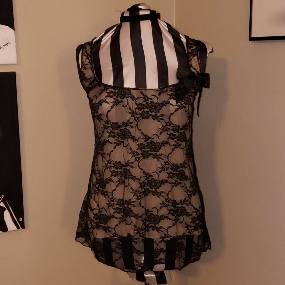 Black sheer lace dressy tank top shirt cream lined